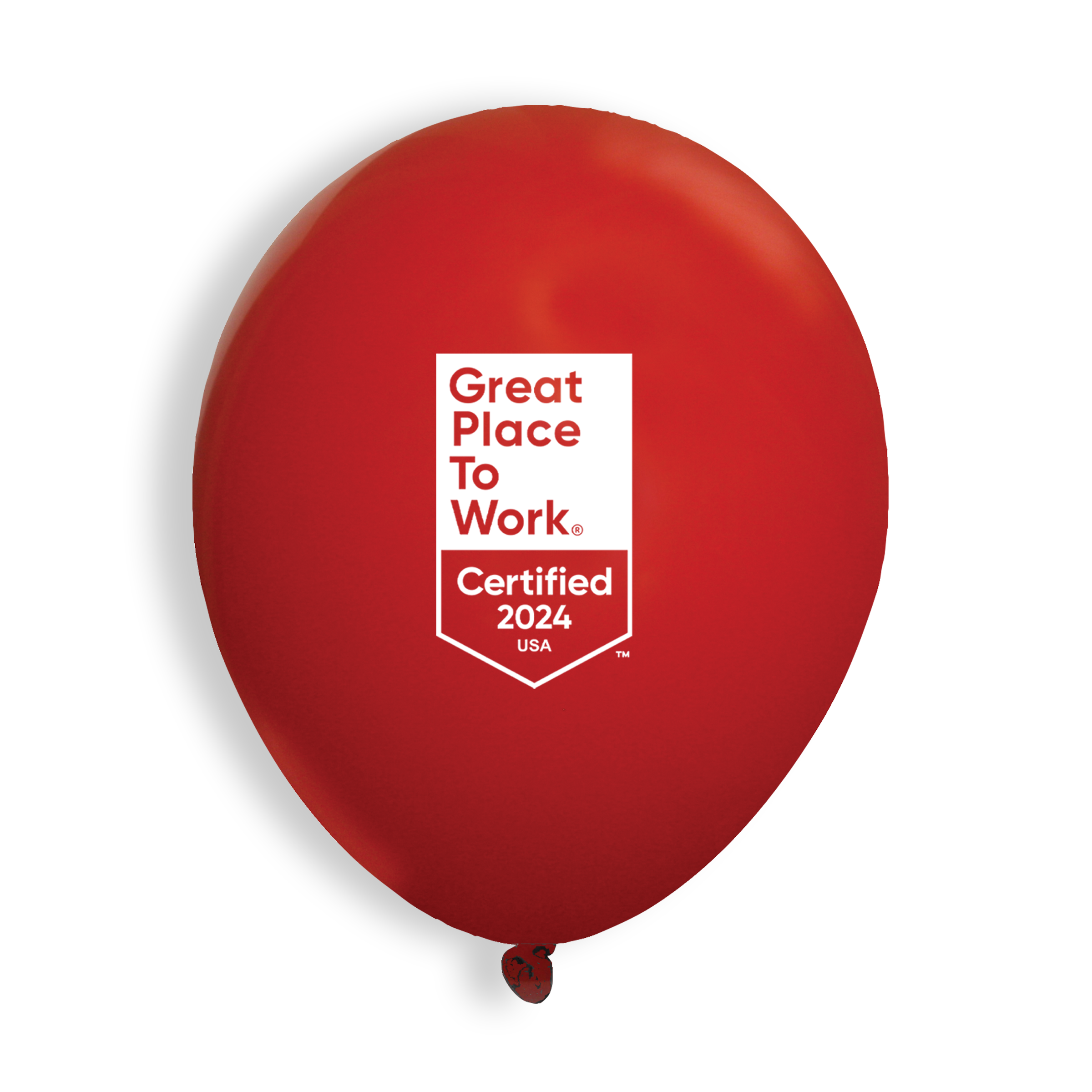 Red balloon with white imprint of Great Place To Work - 2024 - USA badge